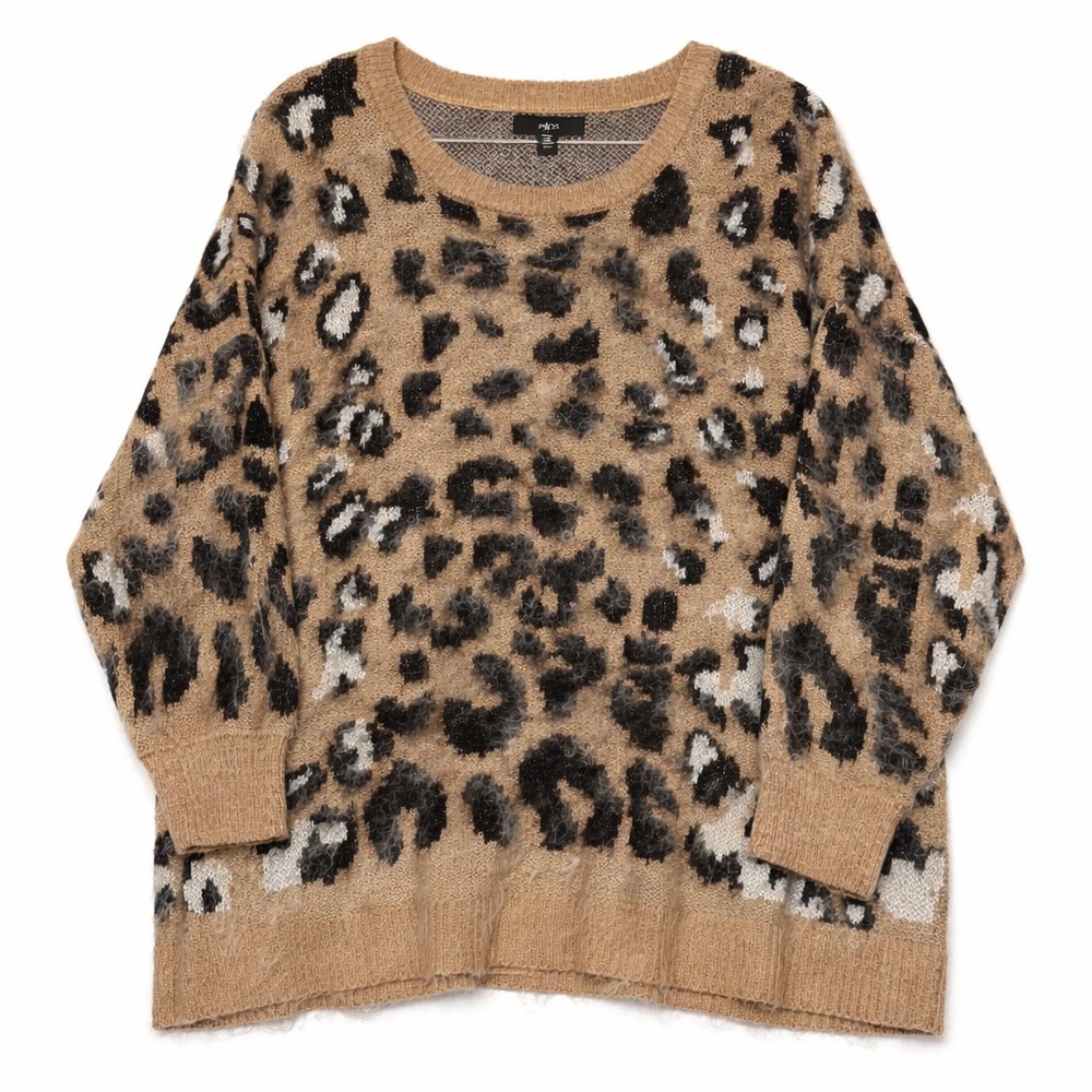 Ellos Leopard Print Fuzzy Knit Sweater 1X Brown Black Long Sleeve Cozy Pullover